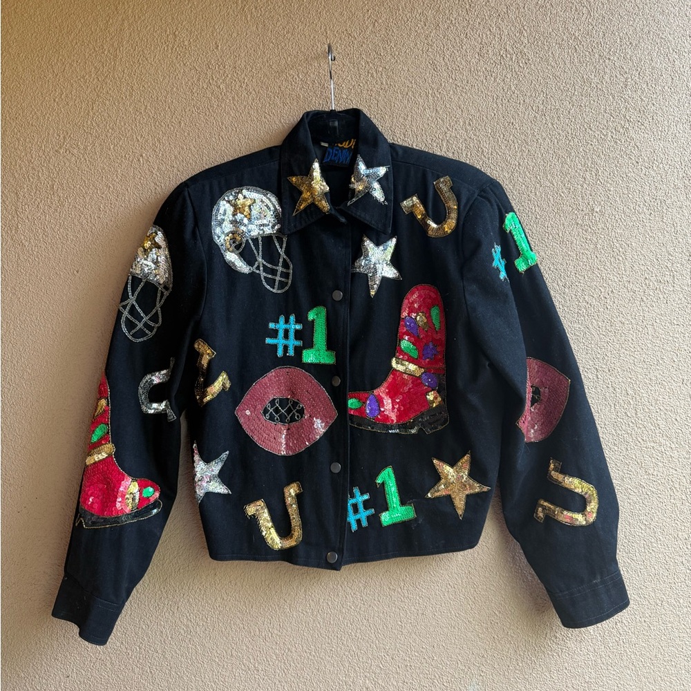 VINTAGE MODI DENIM Black Sequin Embellished Jacket size S/M